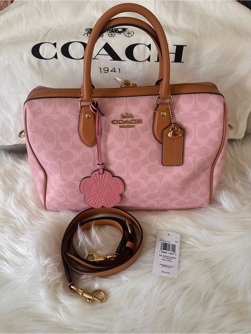 COACH Rowan Large Satchel in Powder Pink Signature Canvas with Tan Leather Trim